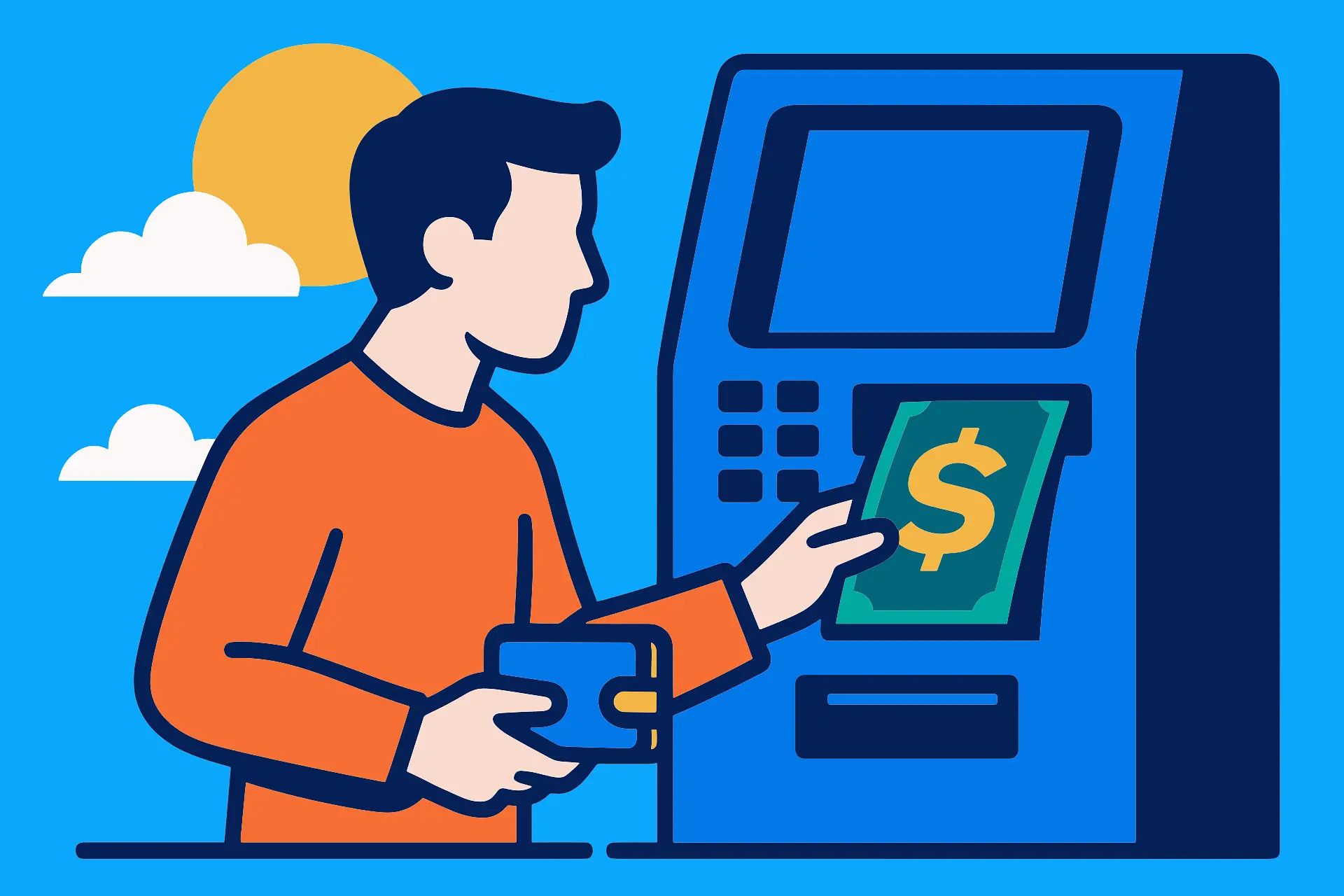 比特币 ATM 插画，提醒台湾用户注意现金与 P2P 买币风险