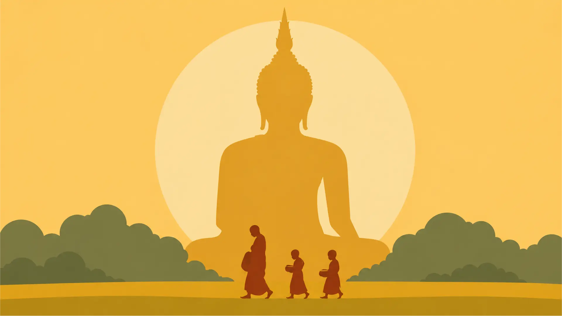 夕阳下的泰国佛寺与佛像插画，代表在泰国买比特币