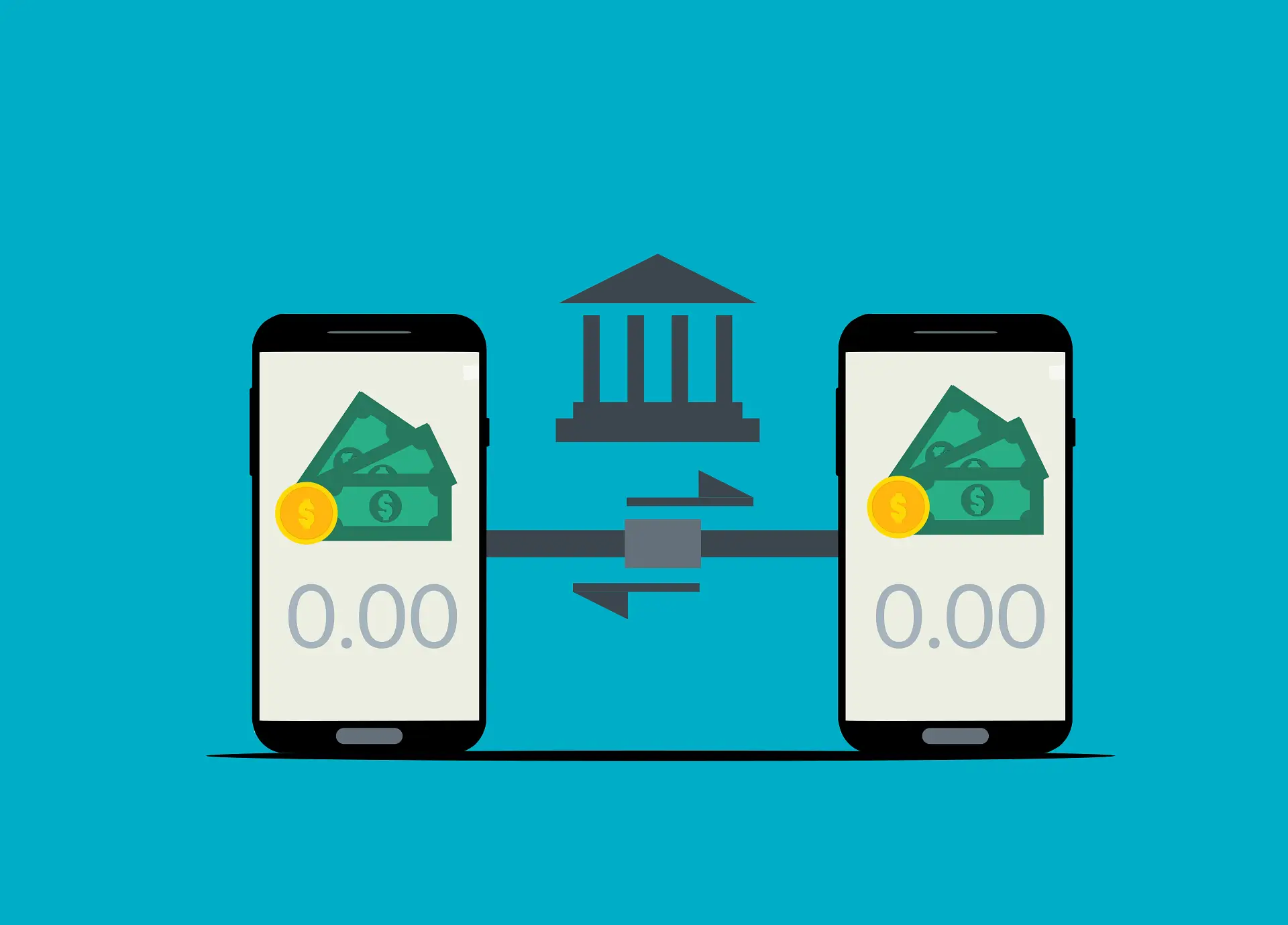 银行向手机转账的插画，类似转数快或 PayNow 入金