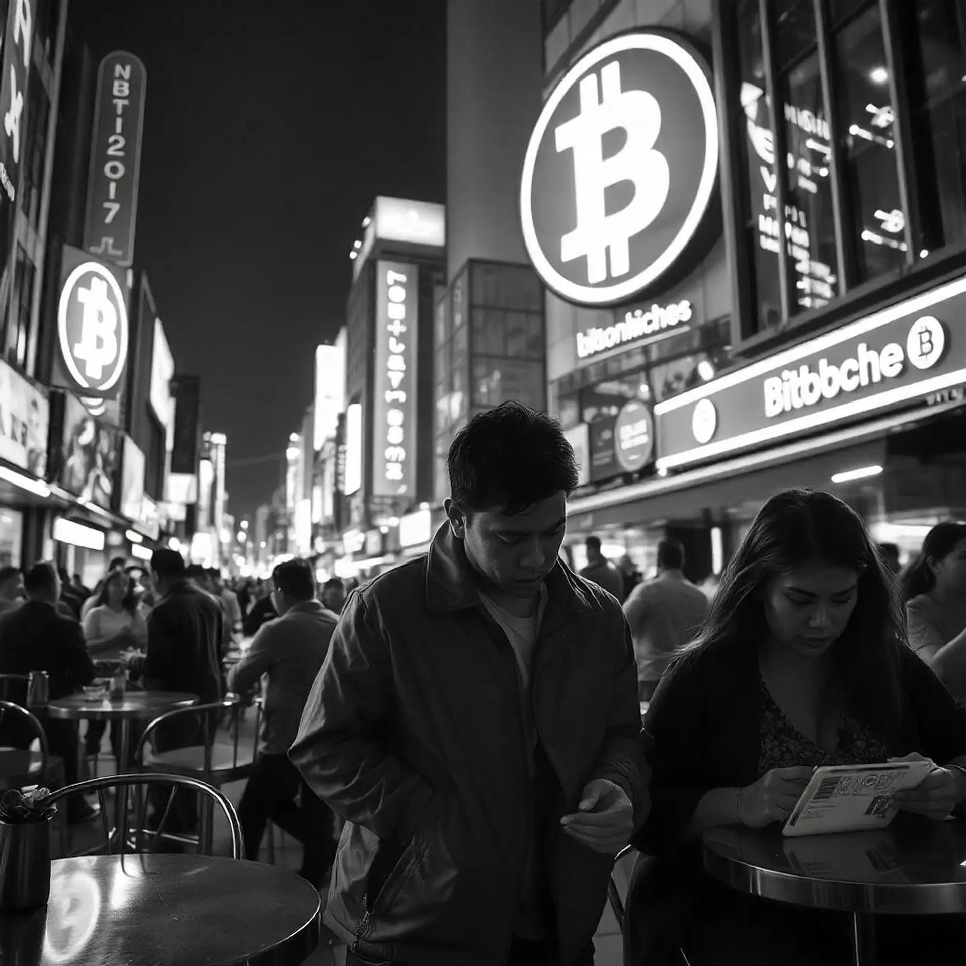亚洲夜市街道上的比特币霓虹招牌黑白照片