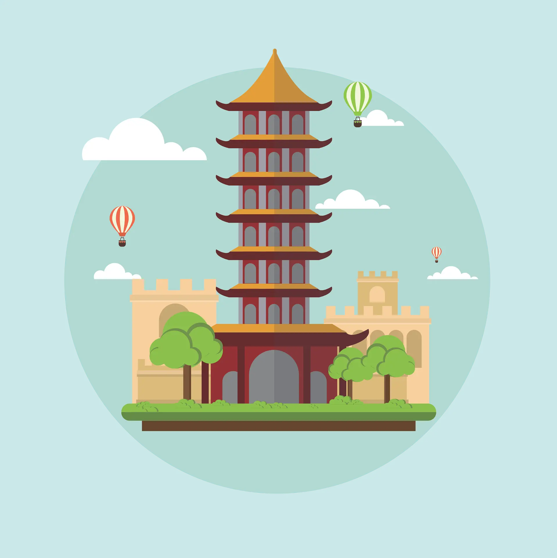 东亚宝塔插画，代表在台湾买比特币与加密货币