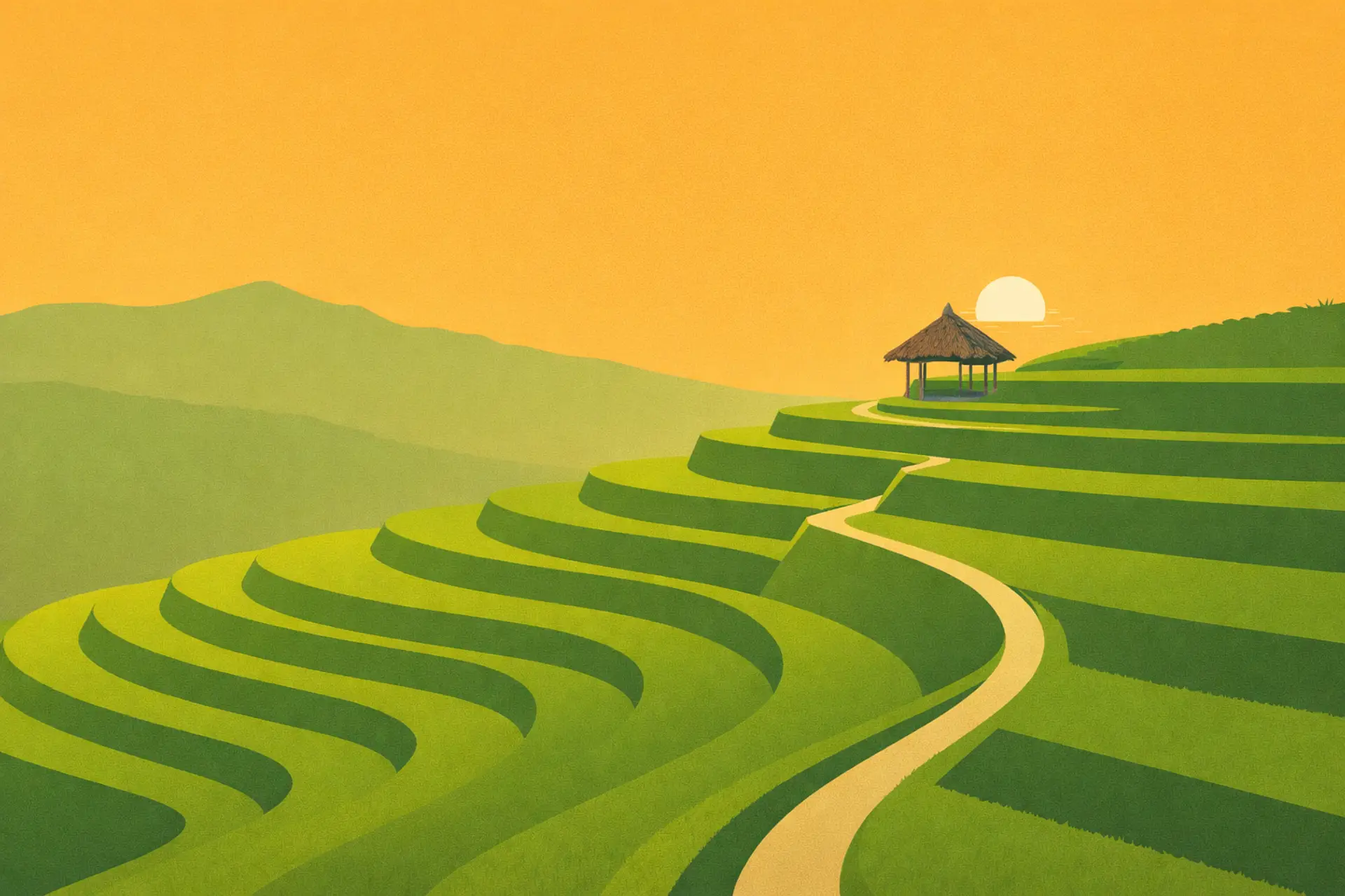 东南亚梯田插画，象征菲律宾家庭与海外劳工汇款